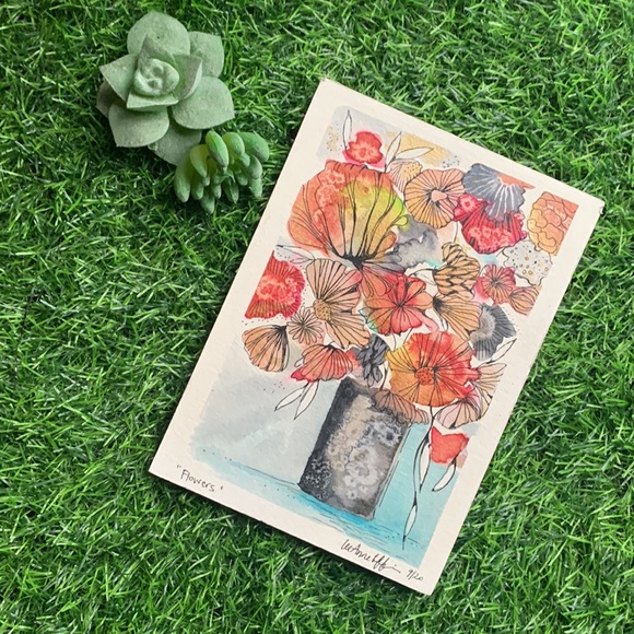 Cheery flowers w retro 1960’s vibes. signed by local artist 5” x 7”